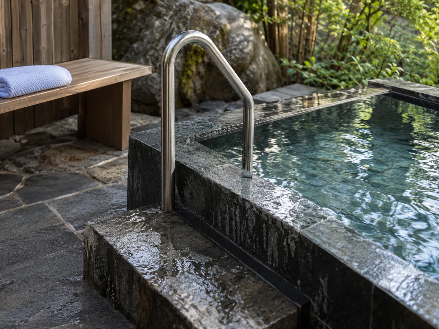 Handrail and wet step at the edge of a cold tub, with a towel on a dry bench
