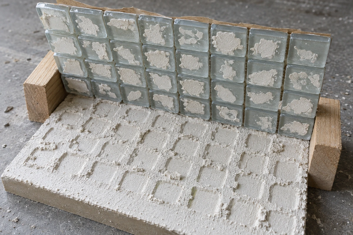 Photographic illustration of a lifted glass mosaic sample showing its back and bedding mortar