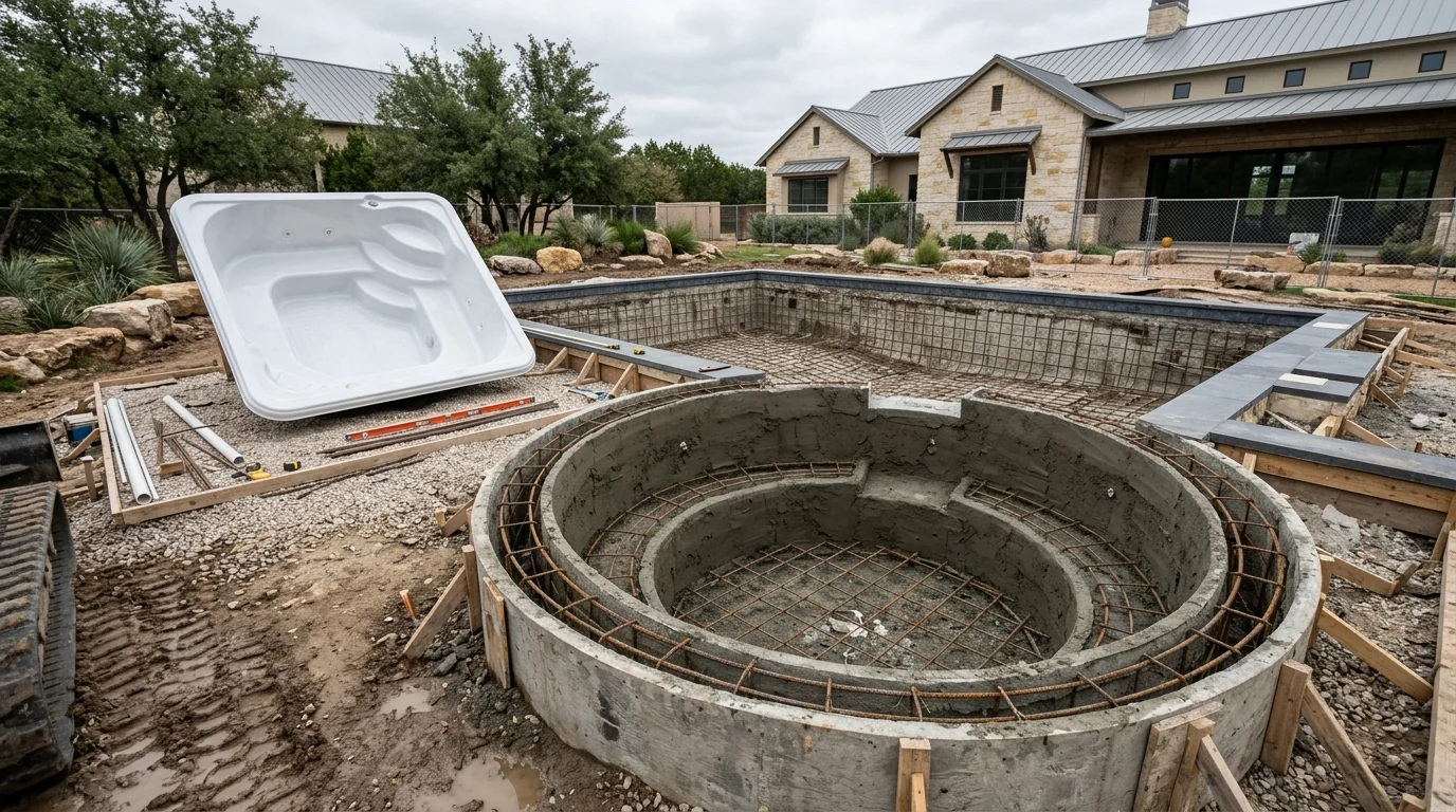 Embedded steel reinforcing bars stabilizing freshly shot concrete walls in an excavated shell beside a one-piece molded shell