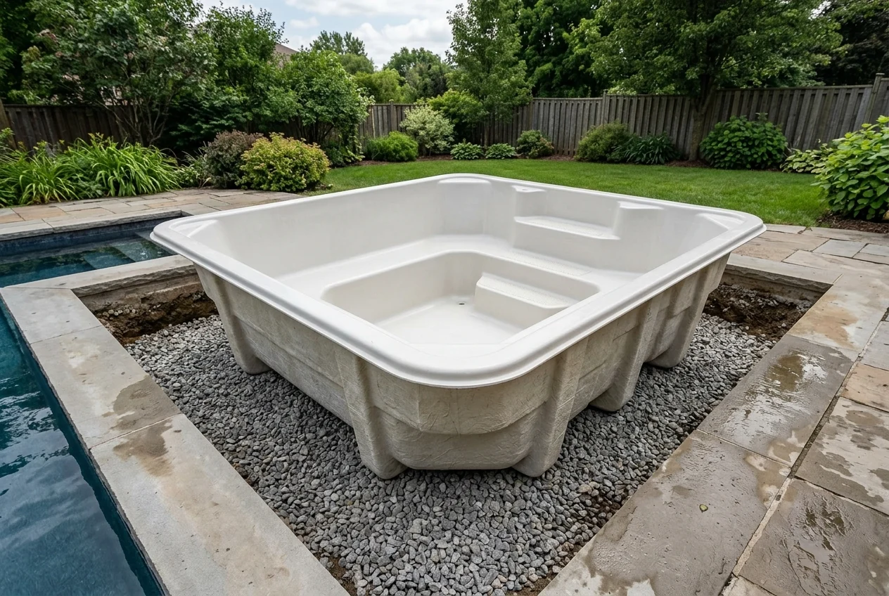 A factory-manufactured one-piece fiberglass shell transported to a backyard excavation for installation