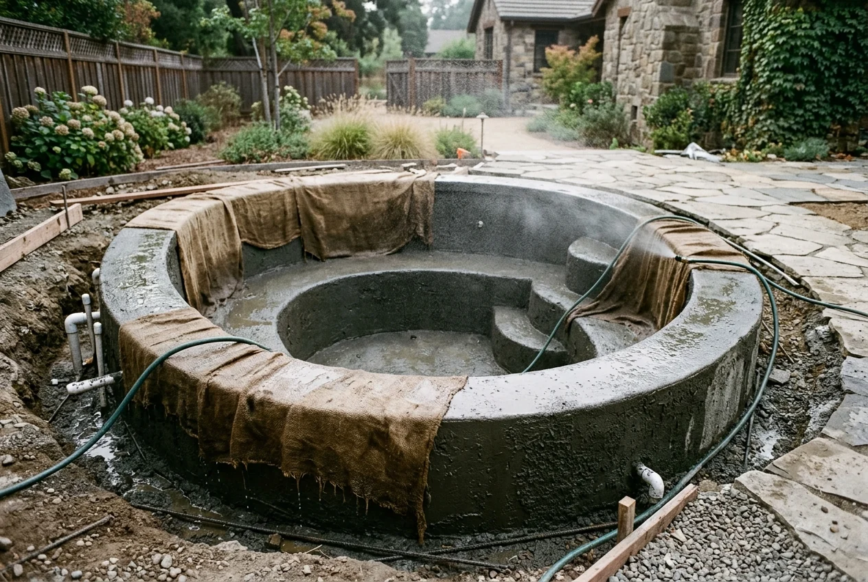 Wet burlap mats holding water on horizontal and vertical concrete spa surfaces applied by a hose during moist curing
