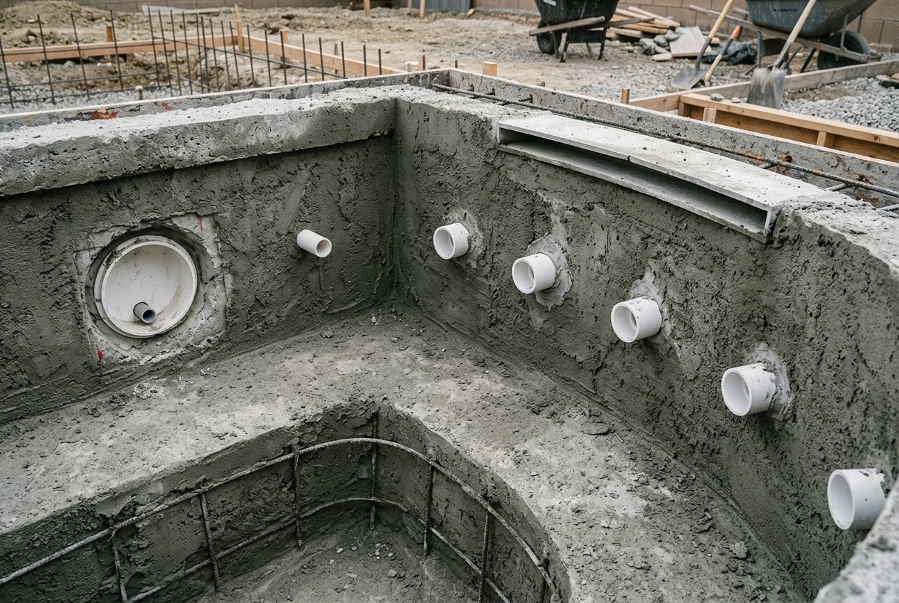 Close view of formwork, embeds, pipe penetrations, and reinforcing steel in an unfinished shotcrete spa wall