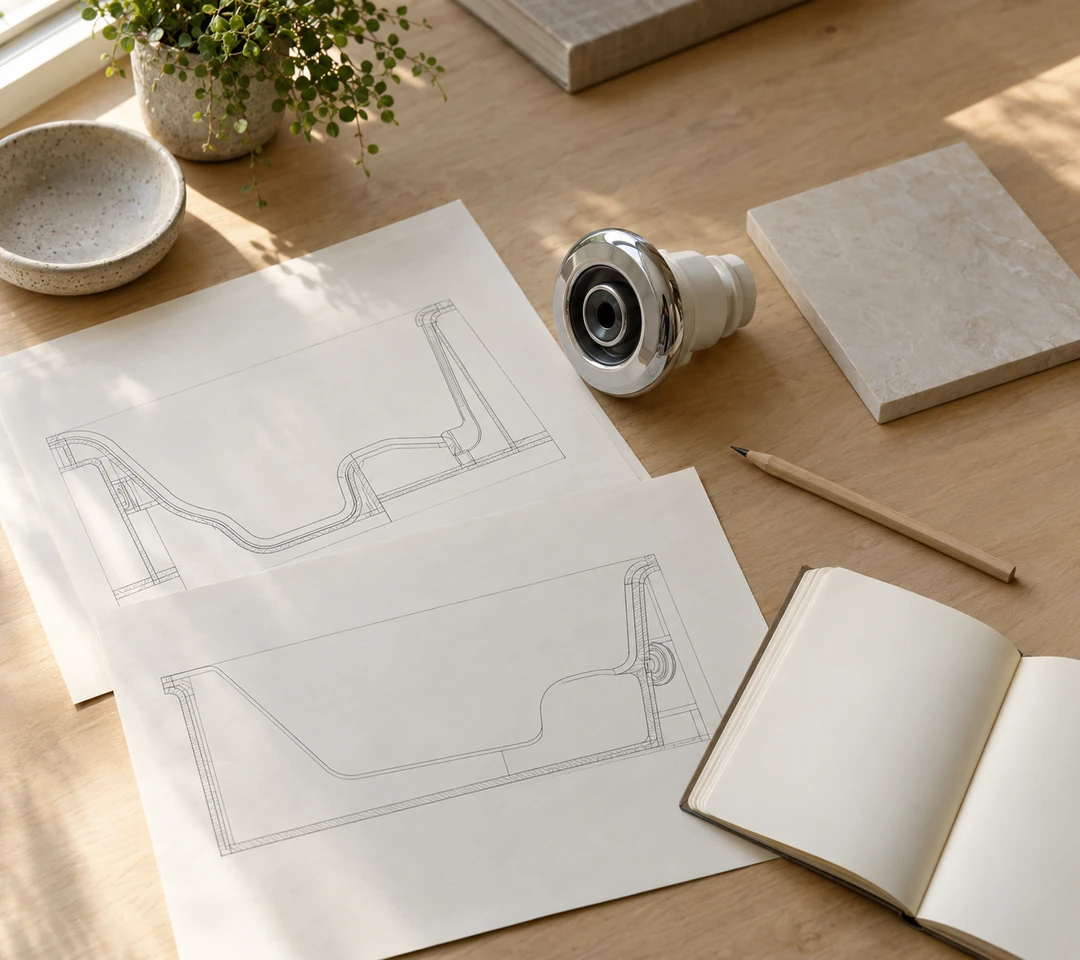 AI-generated illustration of a jet fitting, tile sample and unmarked drawings on a review workbench