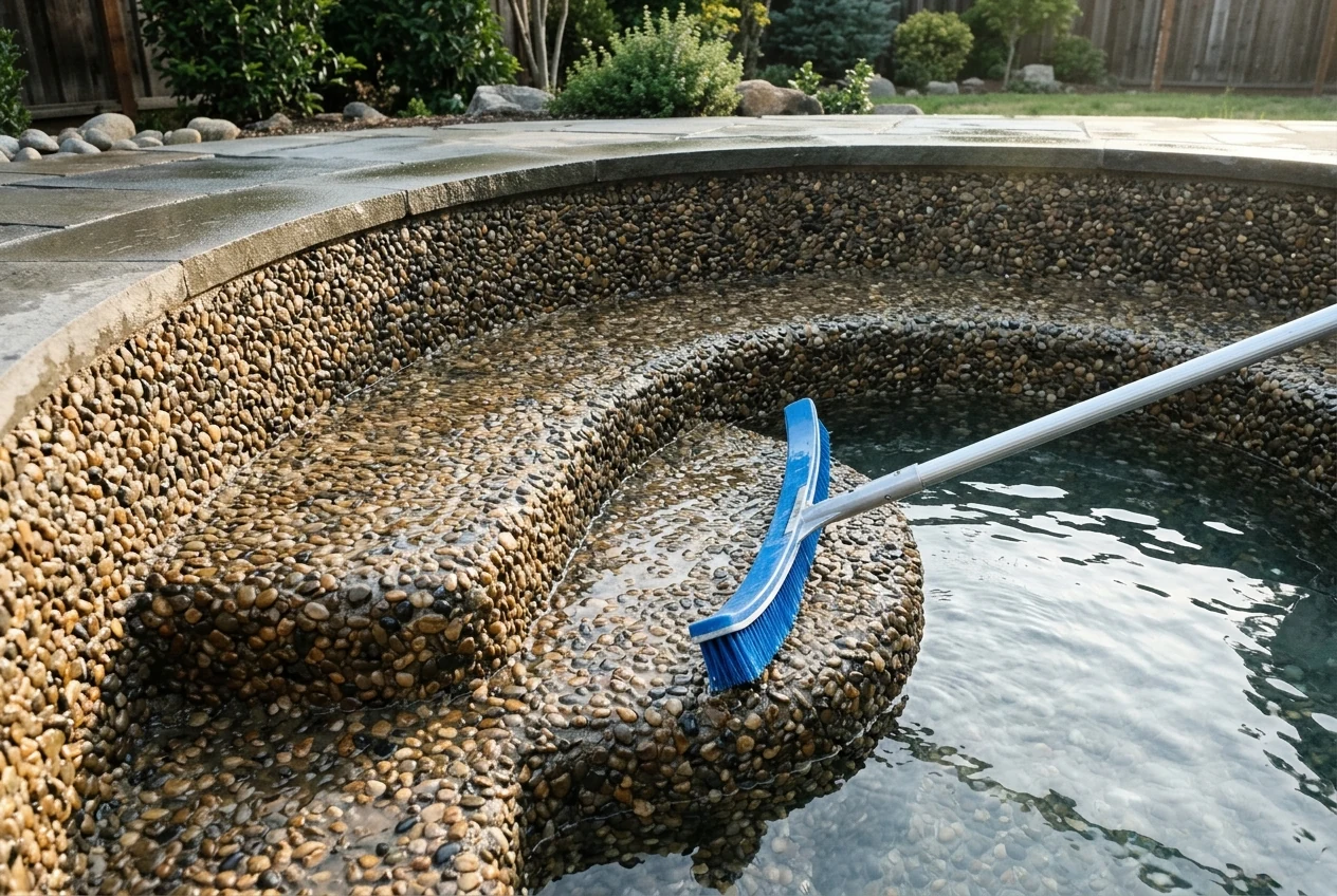 Mason using a stiff bristle brush scrubbing submerged natural river pebbles on a filled spa bench