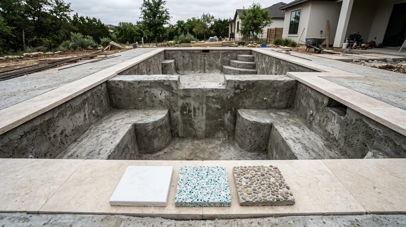 Empty unfinished spa shell with white cementitious interior finish sample pucks on the coping of curved shotcrete benches and footwell inside an inground spa shell