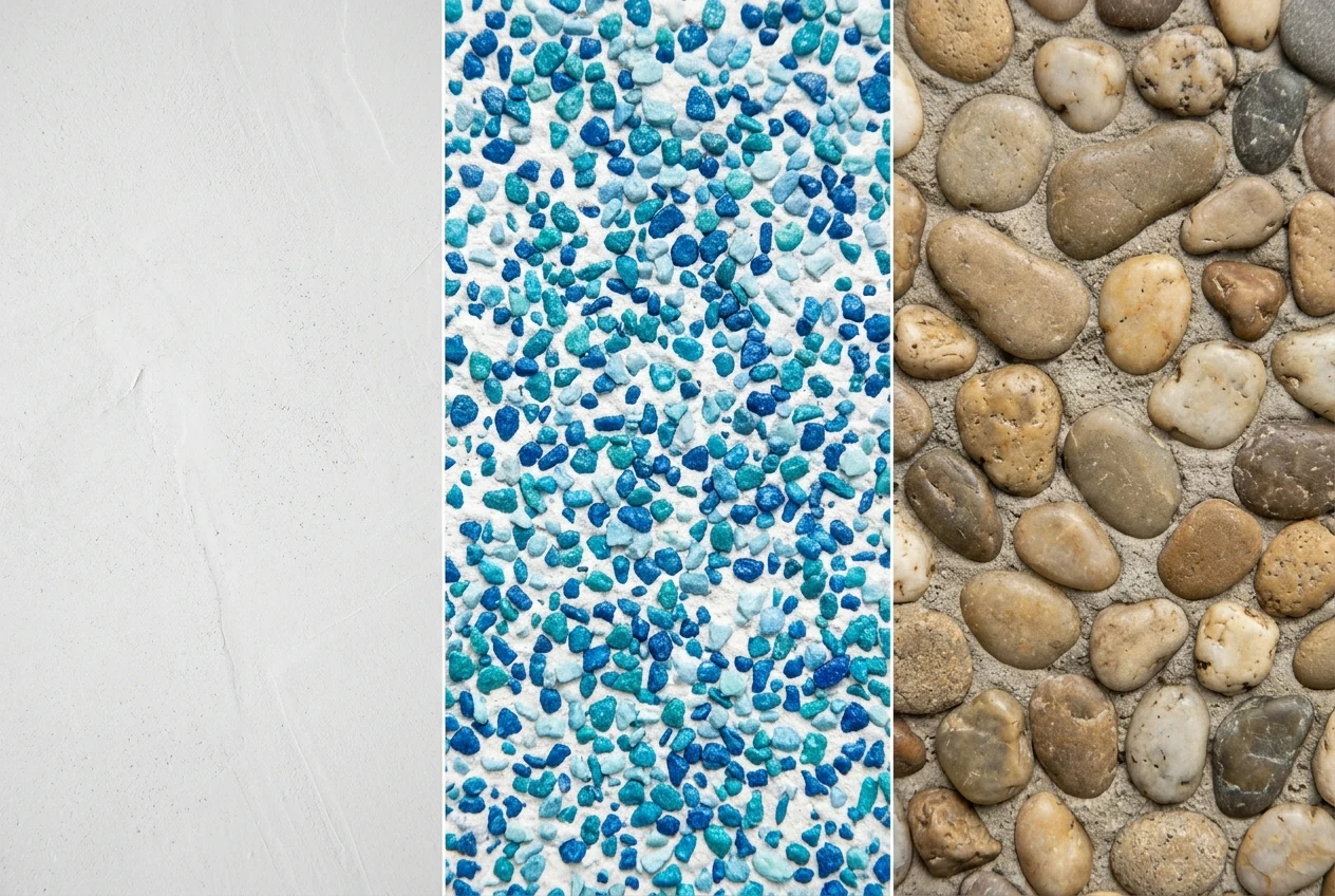 Three-panel macro texture comparison of cured cementitious spa finishes showing smooth white marble plaster, speckled blue quartz aggregate, and exposed river pebble