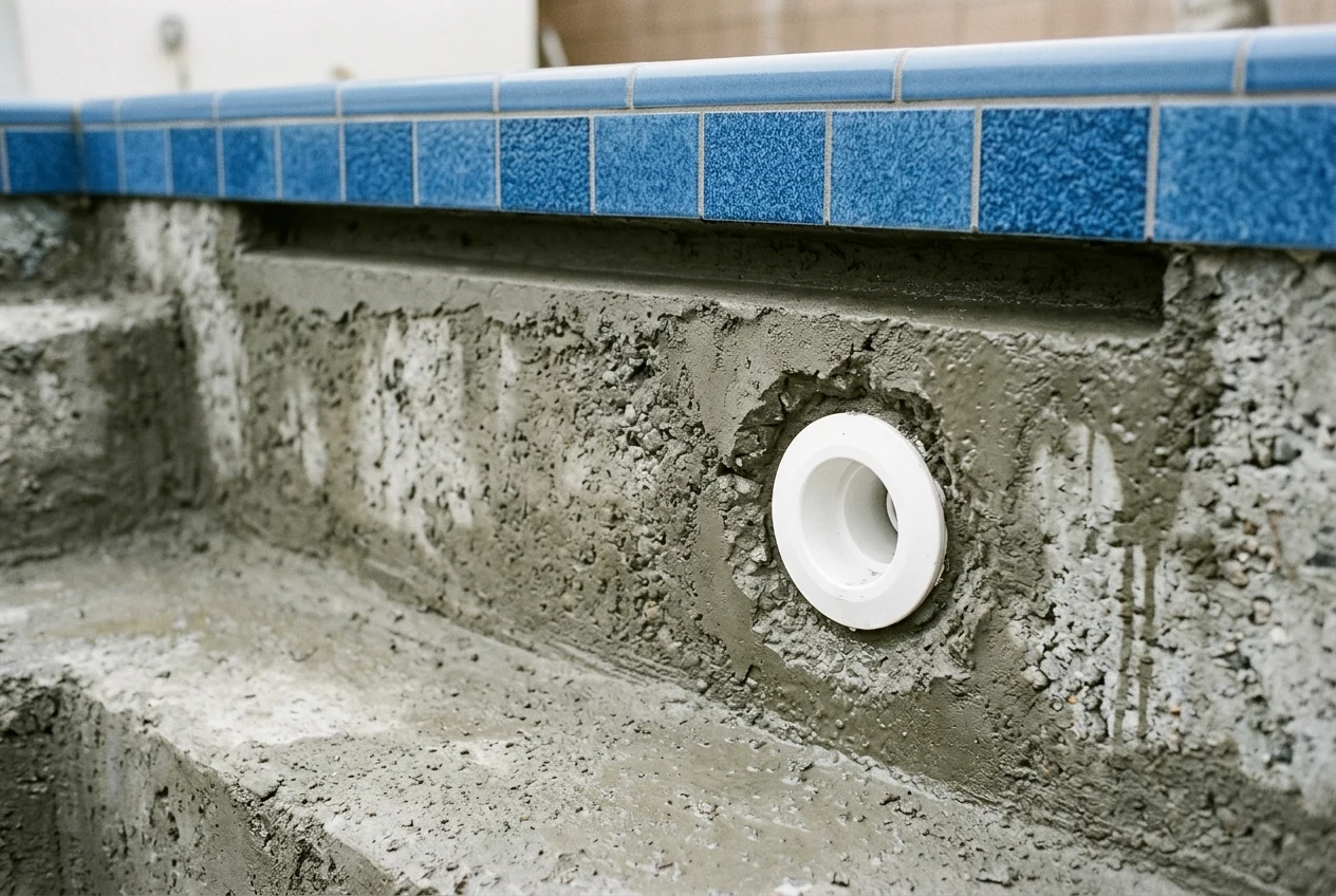 Undercut groove below a ceramic waterline tile band and around a polymer return fitting on a cured concrete spa wall prepared with bond coat