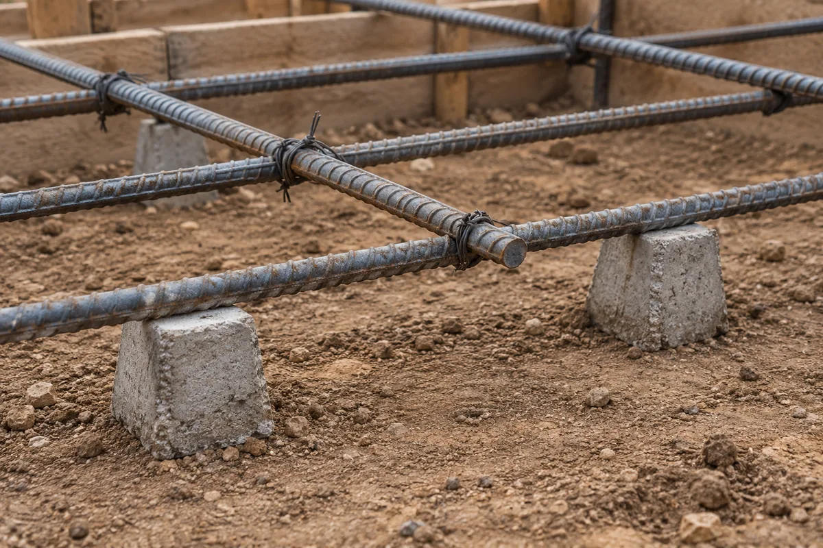 Photographic illustration of tied ribbed bars held above the substrate by spacers