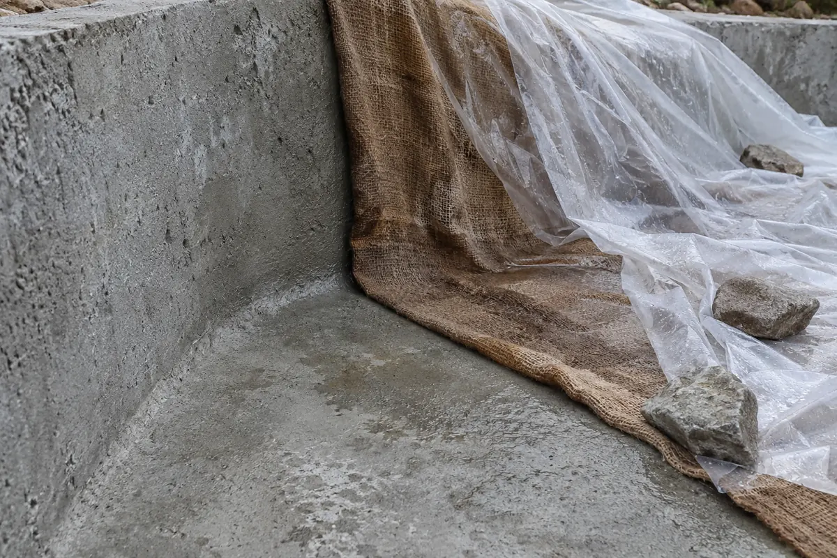 Photographic illustration of damp fabric and translucent sheeting over a rough concrete corner