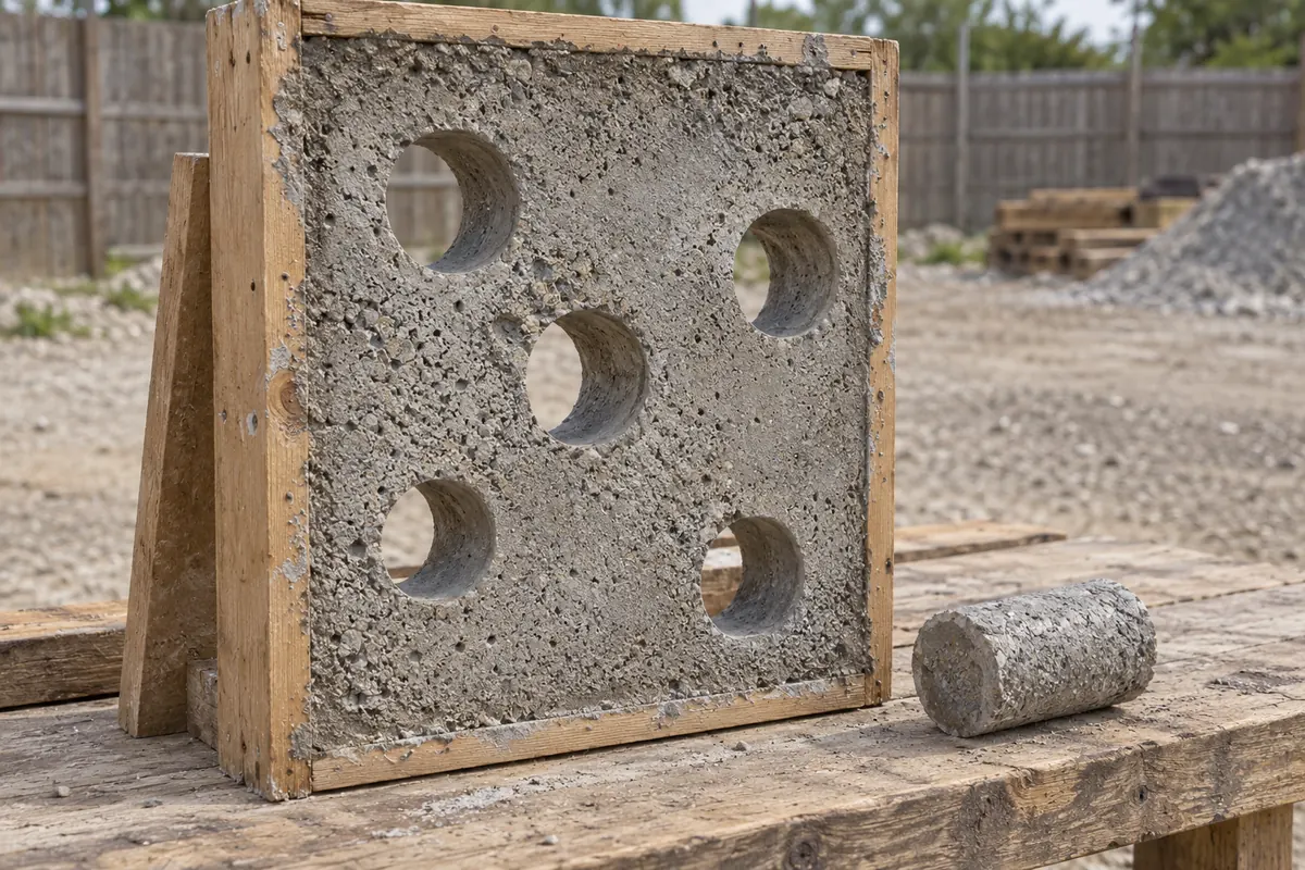Photographic illustration of a sprayed concrete test panel with core holes and an unmarked concrete core