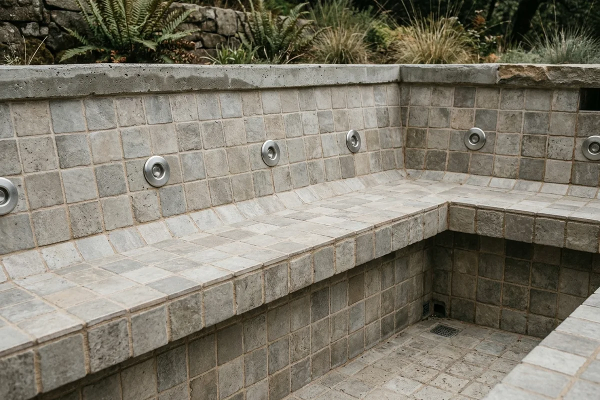 Tiled spa bench and backrest with round jet outlets above a lower footwell