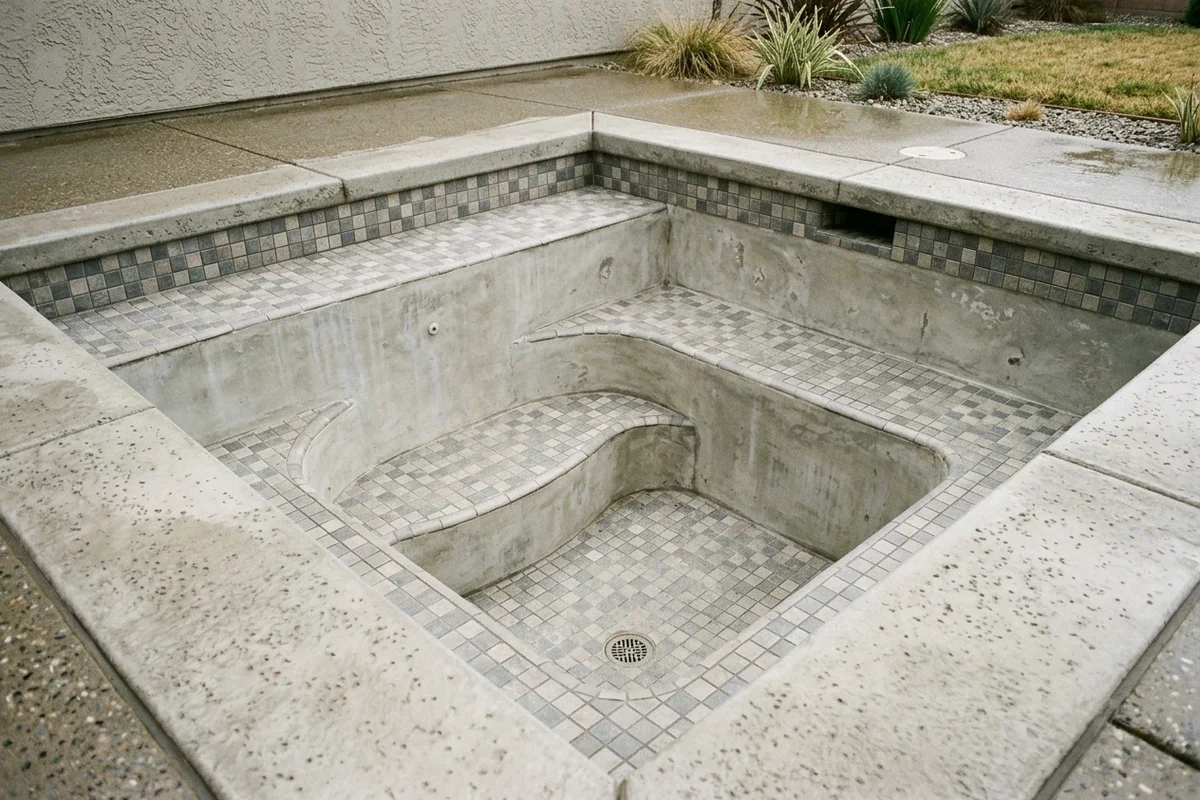 Empty tiled spa with stepped benches above a central footwell