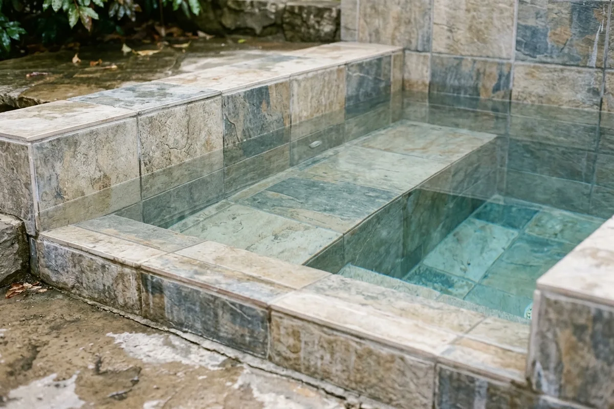 Clear spa water covering a tiled bench beneath a visible waterline