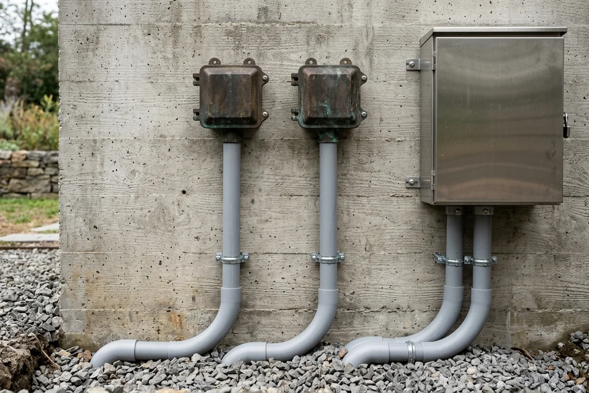 Two weathered cast-bronze deck junction boxes and a brushed stainless conversion enclosure mounted on a board-formed concrete wall with gray PVC conduit sweeps