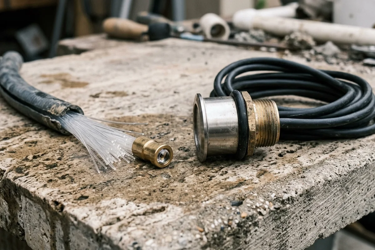 Unpowered optical fiber bundle with brass lens fitting beside a sealed stainless and brass nicheless LED luminaire with jacketed cord on a concrete bench
