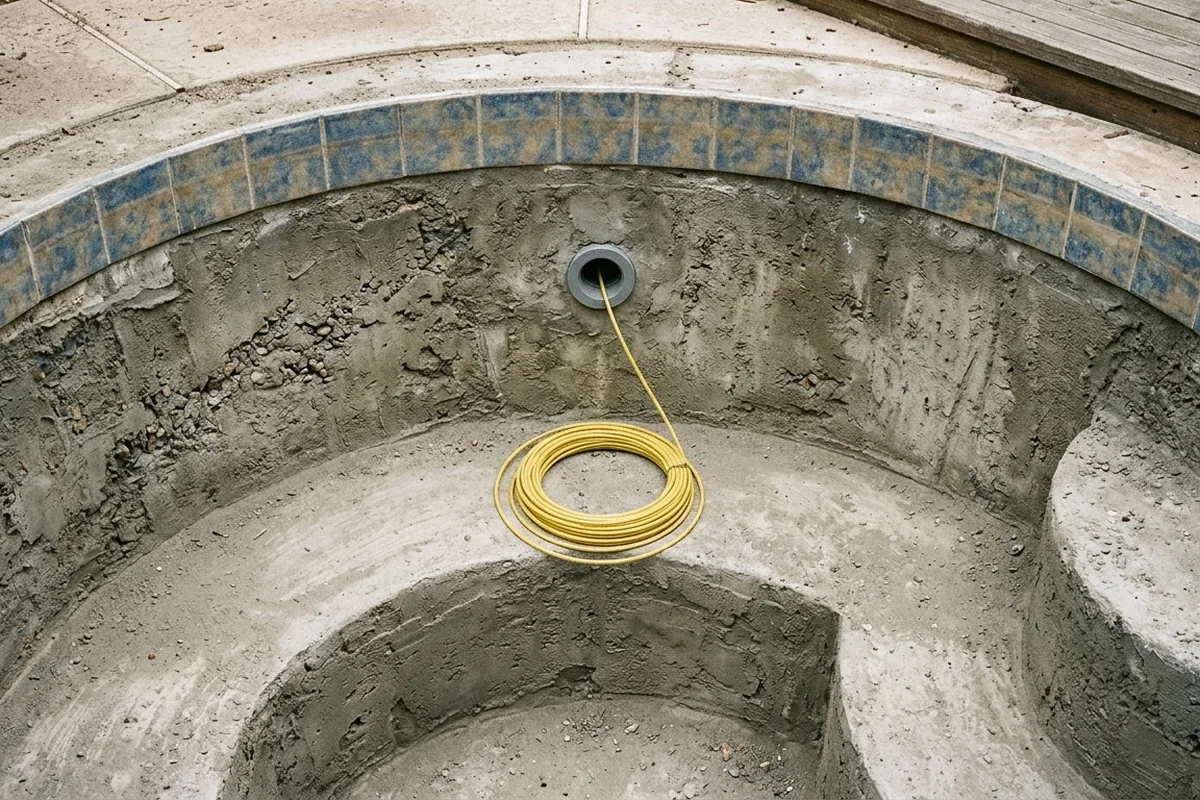 Drained shotcrete spa shell with a 1.5-inch threaded wall fitting below the waterline tile band and coiled yellow fish tape prepared for a conduit pull check