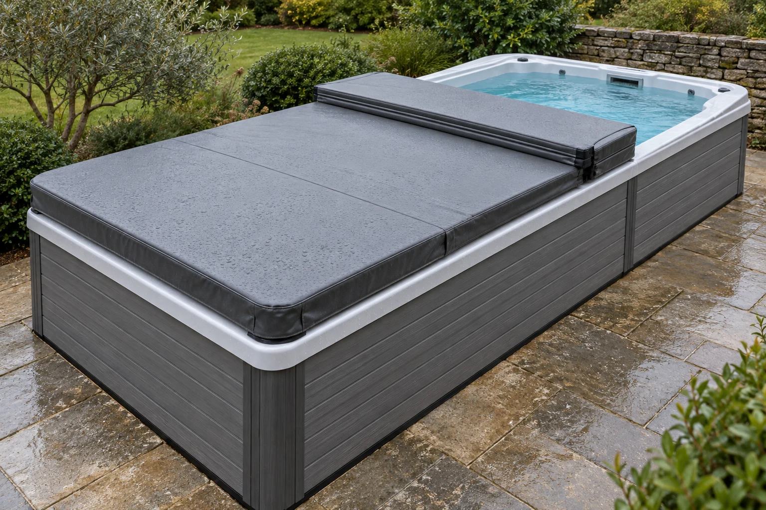 A folding grey insulated cover over part of a rectangular swim spa, leaving water exposed at one end