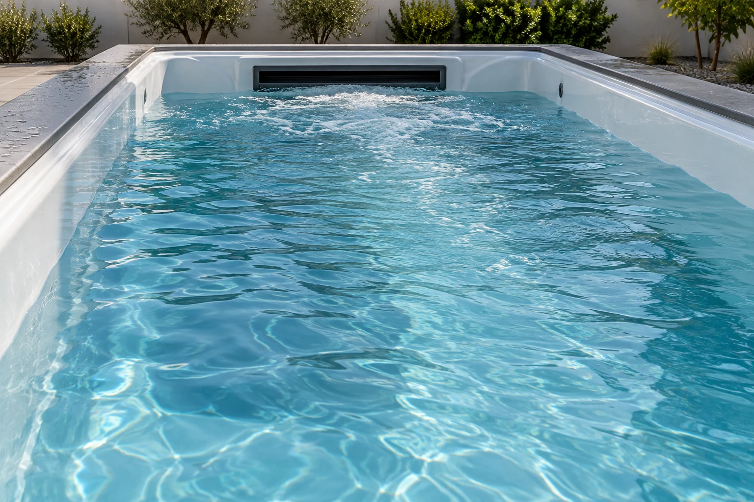Rippling water in an open swim-spa well facing a broad outlet in the end wall