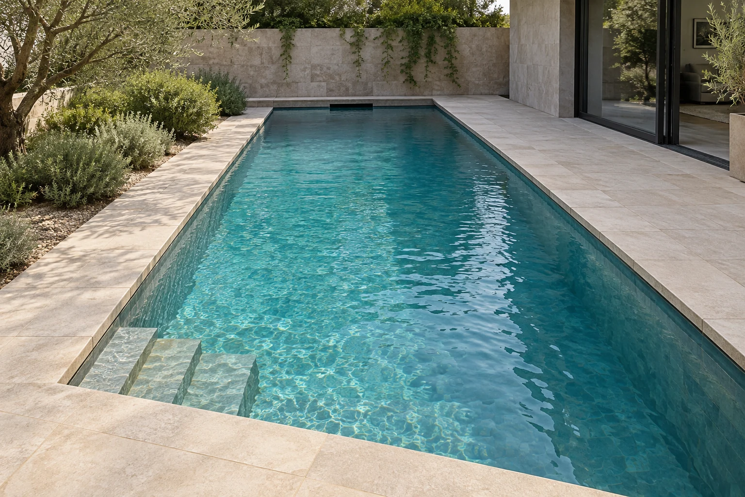 A rectangular in-ground exercise pool with a clear central lane and steps to one side